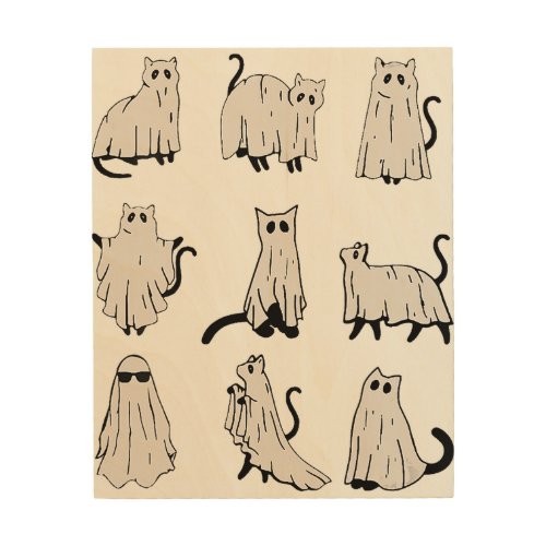 Cute Ghost Cat Funny Halloween Outfit Costumes Wood Wall Art