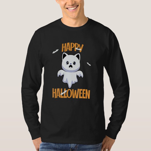 Cute Ghost Cat Halloween Cat  Spooky Season T-Shirt (Front)