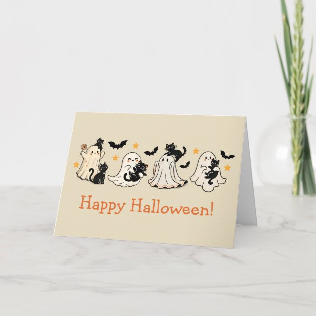 Cute Ghost & Cat Halloween Greeting Card (Front)