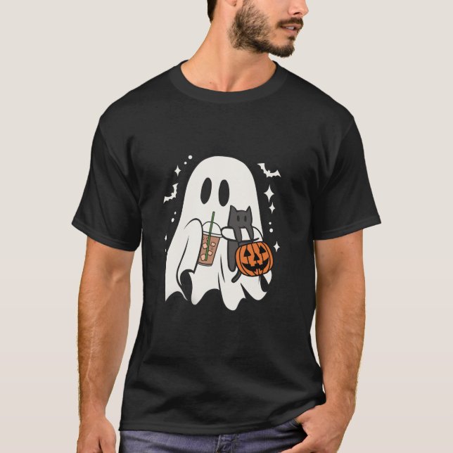 Cute Ghost Cat Ice Coffee Spooky Season Halloween  T-Shirt (Front)