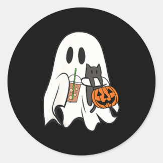 Cute Ghost Cat Iced Coffee Spooky Season Halloween Classic Round Sticker