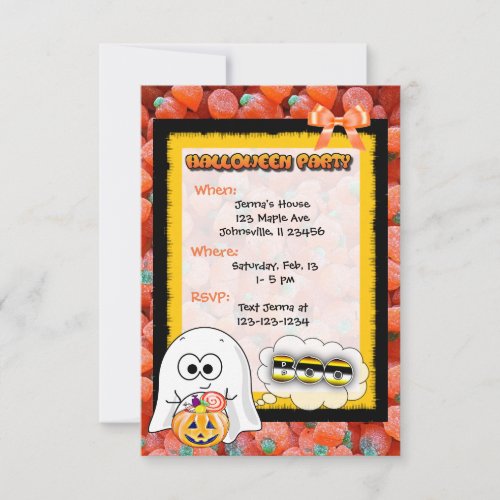 Cute Ghost Cat  Pumpkin Candy Halloween Invites