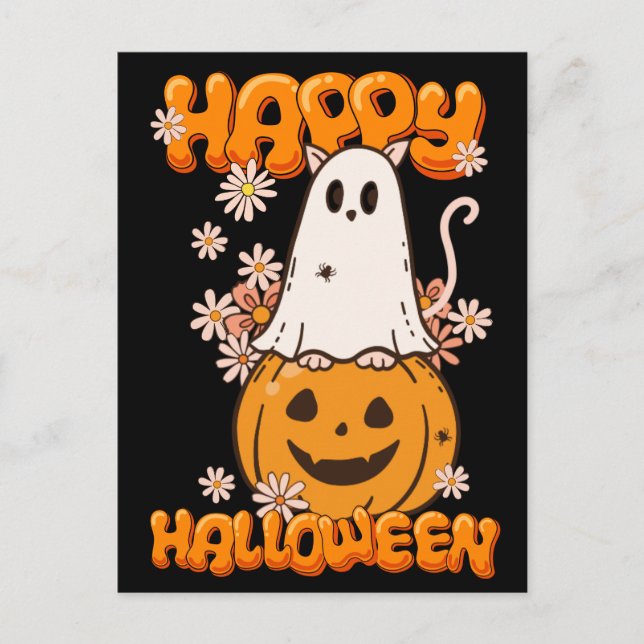 Cute Ghost Cat Pumpkin Flowers Happy Halloween  Postcard (Front)