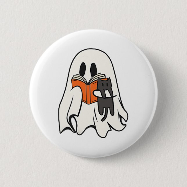 Cute Ghost Cat Reading Book Spooky Season Hallowee Button (Front)
