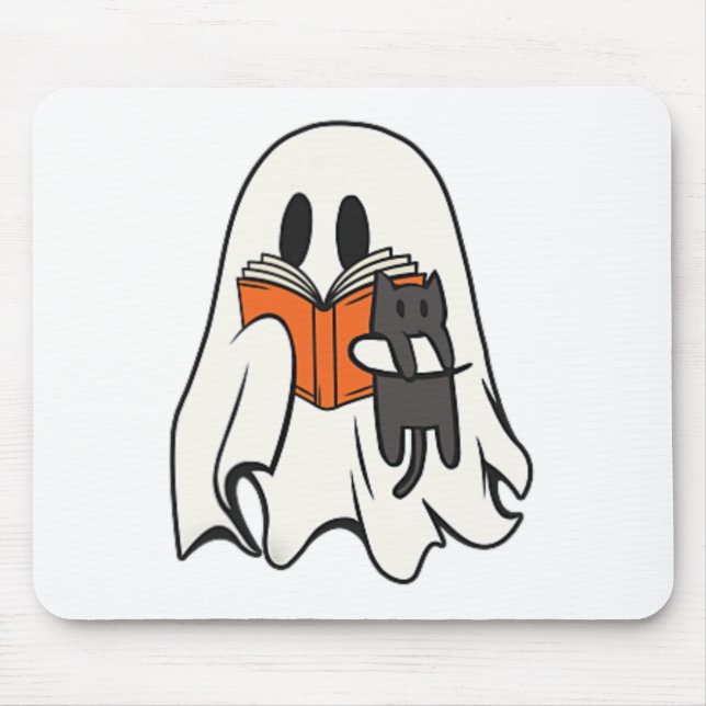 Cute Ghost Cat Reading Book Spooky Season Hallowee Mouse Pad (Front)