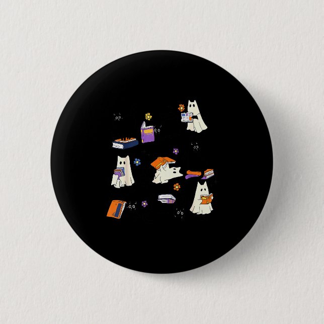 Cute Ghost Cat Reading Books Lover Bookish Hallowe Button (Front)