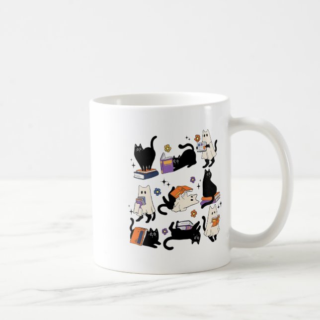Cute Ghost Cat Reading Books Lover Bookish Hallowe Coffee Mug (Right)
