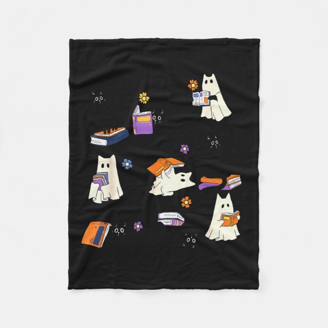 Cute Ghost Cat Reading Books Lover Bookish Hallowe Fleece Blanket (Front)
