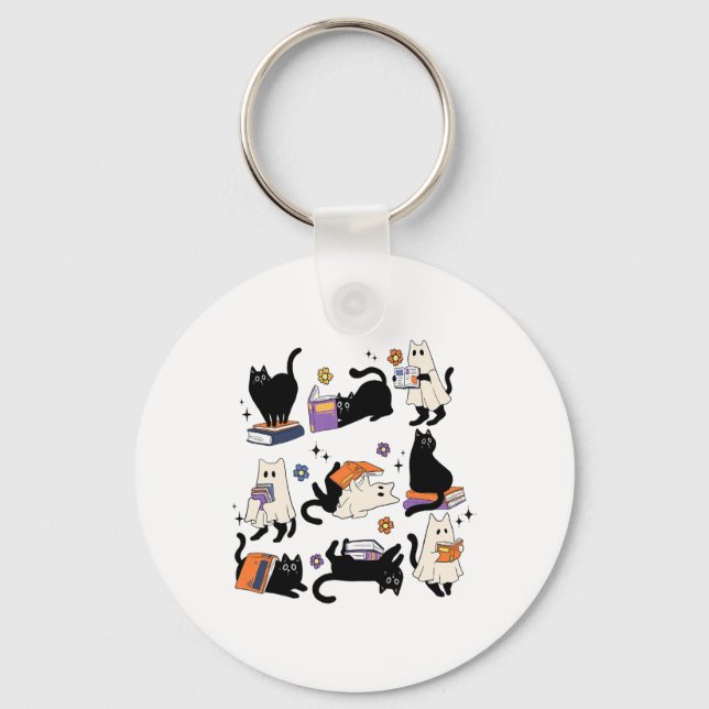 Cute Ghost Cat Reading Books Lover Bookish Hallowe Keychain (Front)