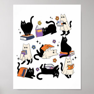 Cute Ghost Cat Reading Books Lover Bookish Hallowe Poster