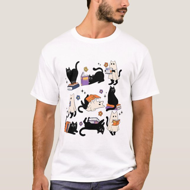 Cute Ghost Cat Reading Books Lover Bookish Hallowe T-Shirt (Front)