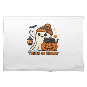 Cute Ghost Cat Spooky Halloween Kitten Magical W Cloth Placemat
