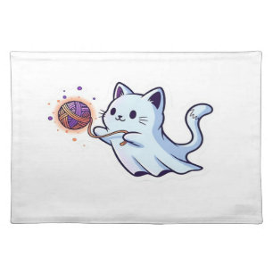 Cute Ghost Cat Spooky Halloween Kitten Magical W Cloth Placemat