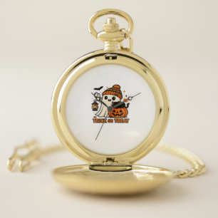 Cute Ghost Cat Spooky Halloween Kitten Magical W Pocket Watch