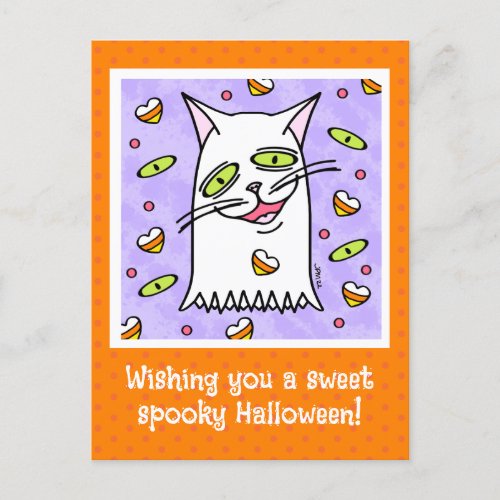 Cute Ghost Cat Spooky Sweet Halloween Holiday Postcard