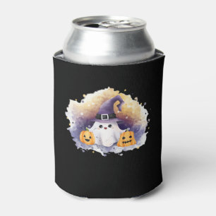 Cute Ghost Cat with Pumpkins � Kawaii Halloween Ar Can Cooler