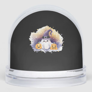 Cute Ghost Cat with Pumpkins � Kawaii Halloween Ar Snow Globe