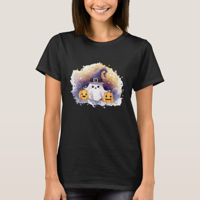 Cute Ghost Cat with Pumpkins � Kawaii Halloween Ar T-Shirt (Front)