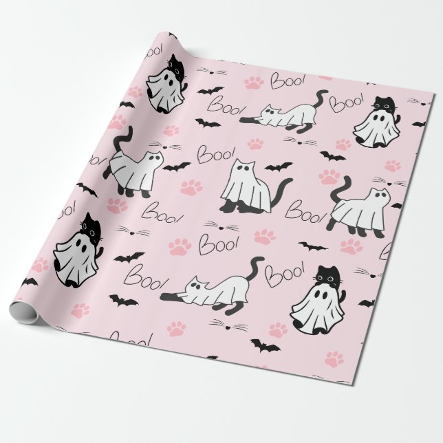 Cute Ghost Cats Halloween Wrapping Paper (Unrolled)