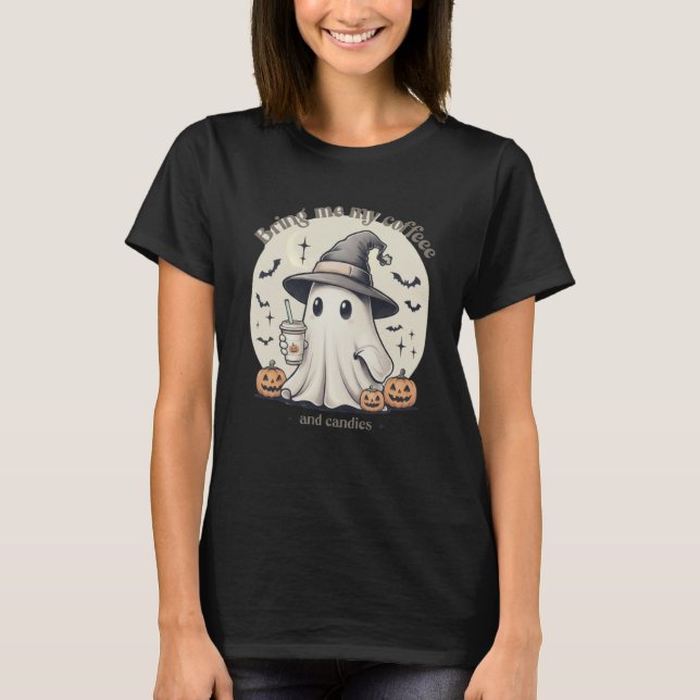 Cute Ghost Coffee Candy Halloween Fun Design T-Shirt (Front)