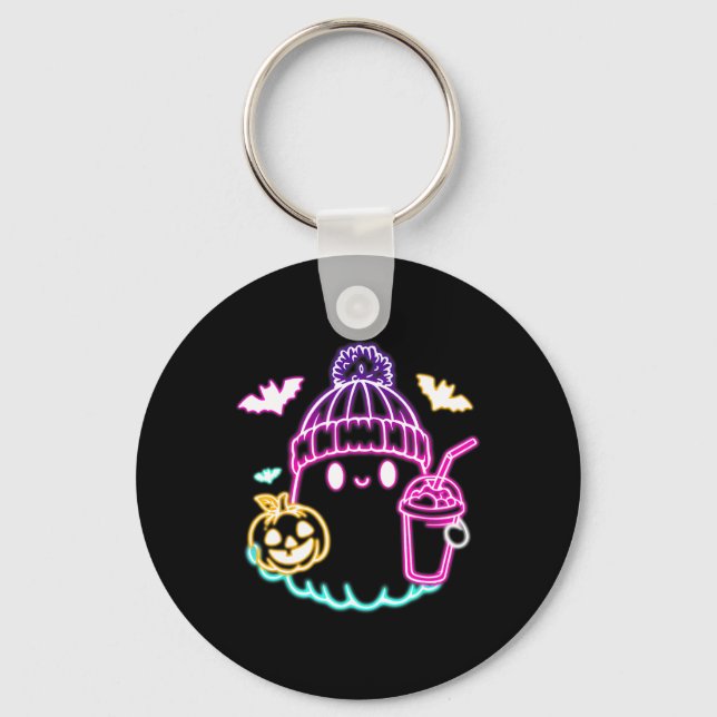 Cute Ghost Coffee Drinking Spooky Halloween  Keychain (Front)