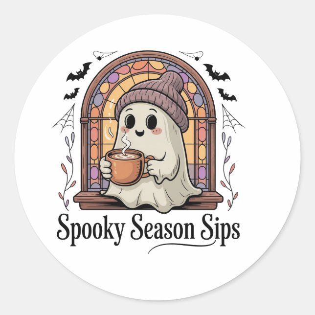 Cute Ghost Coffee Halloween Classic Round Sticker (Front)