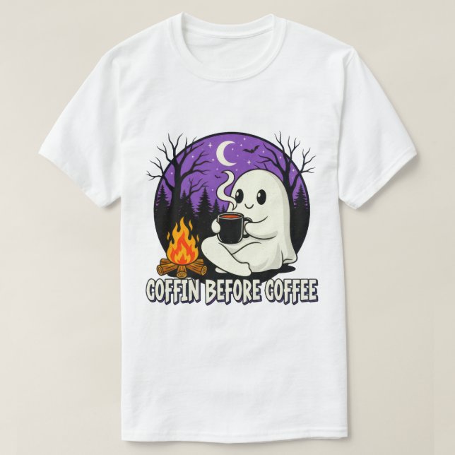 Cute Ghost Coffee Lover Camping Design T-Shirt (Design Front)