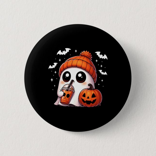 Cute Ghost Coffee Lover Halloween Ghost Pumpkin Sp Button (Front)