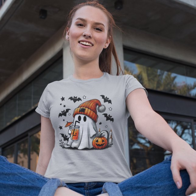 Cute Ghost Coffee Pumpkin Halloween T-Shirt (Creator Uploaded)