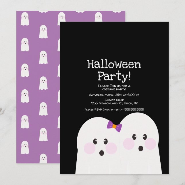 Cute Ghost Couple Halloween Party Black Purple Invitation (Front/Back)