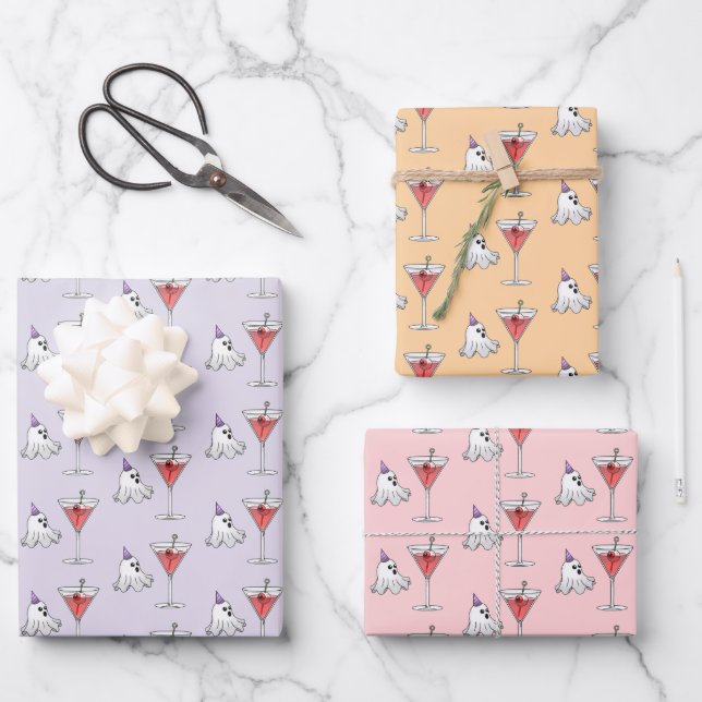 Cute Ghost & Creepy Cocktail Wrapping Paper Sheets (Front)