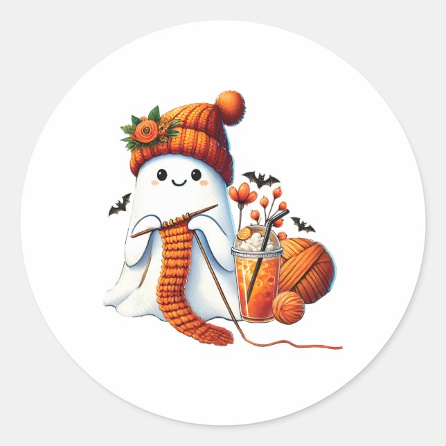 Cute Ghost Crochet Knitting Lovers Halloween Coffe Classic Round Sticker (Front)