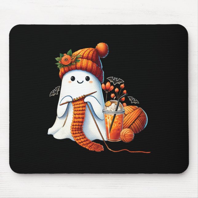 Cute Ghost Crochet Knitting Lovers Halloween Coffe Mouse Pad (Front)