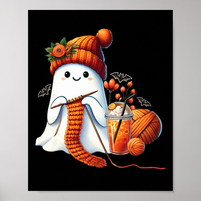 Cute Ghost Crochet Knitting Lovers Halloween Coffe Poster (Front)
