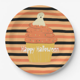 Cute Ghost Cupcake Halloween Orange Black Stripes Paper Plates