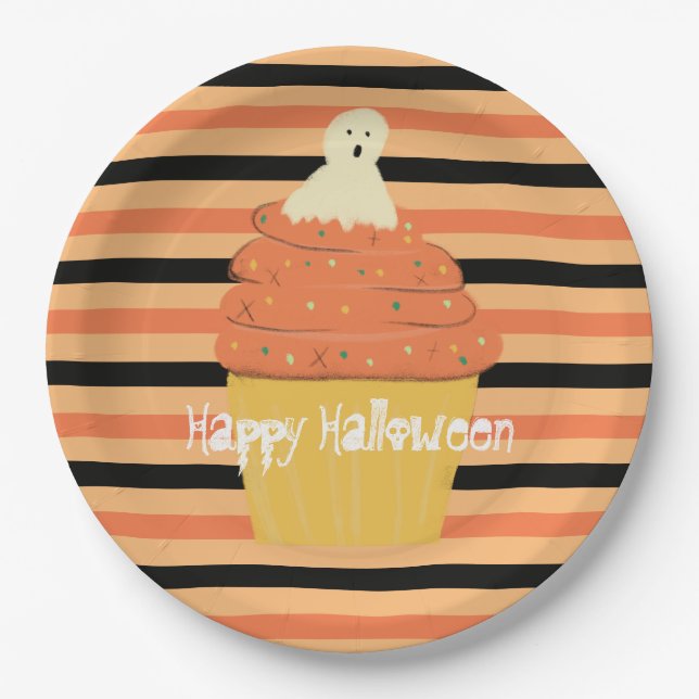 Cute Ghost Cupcake Halloween Orange Black Stripes Paper Plates (Front)
