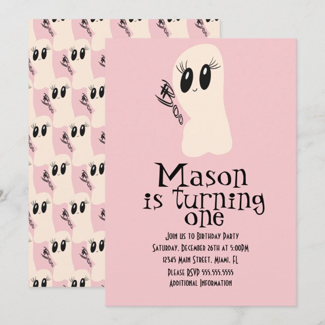 Cute Ghost Doodle Halloween Any Age Birthday Pink Invitation (Front/Back)