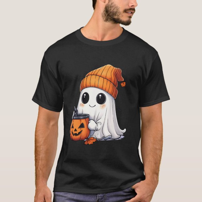 Cute Ghost Drinking Coffee Bougie Pumpkin Spice Ha T-Shirt (Front)