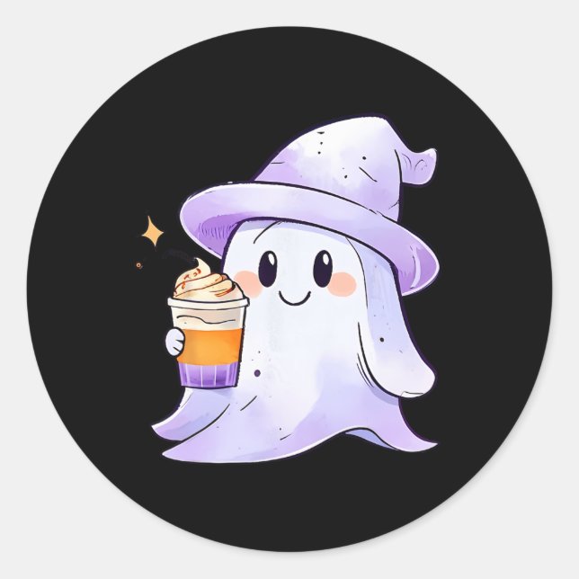 Cute Ghost Drinking Coffee Couple Halloween Coffee Classic Round Sticker (Front)