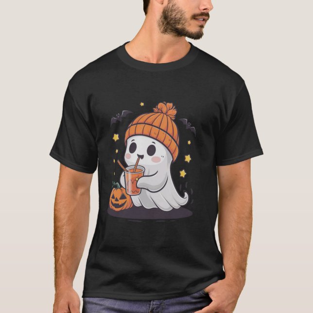 Cute Ghost Drinking Coffee Funny Pumpkin Costume T T-Shirt (Front)