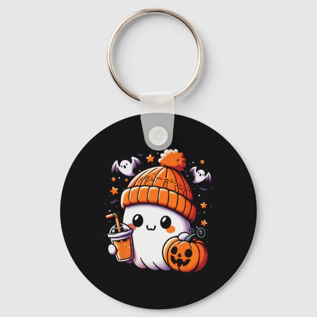 Cute Ghost Drinking Coffee Halloween Coffee Womens Keychain (Front)