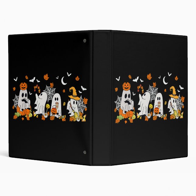 Cute Ghost Drinking Coffee Halloween Fall Ghost Bo 3 Ring Binder (Background)