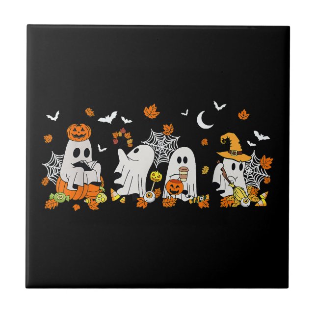 Cute Ghost Drinking Coffee Halloween Fall Ghost Bo Ceramic Tile (Front)