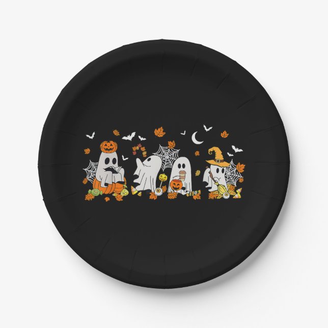 Cute Ghost Drinking Coffee Halloween Fall Ghost Bo Paper Plates (Front)