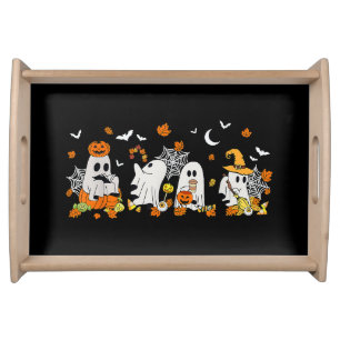 Cute Ghost Drinking Coffee Halloween Fall Ghost Bo Serving Tray