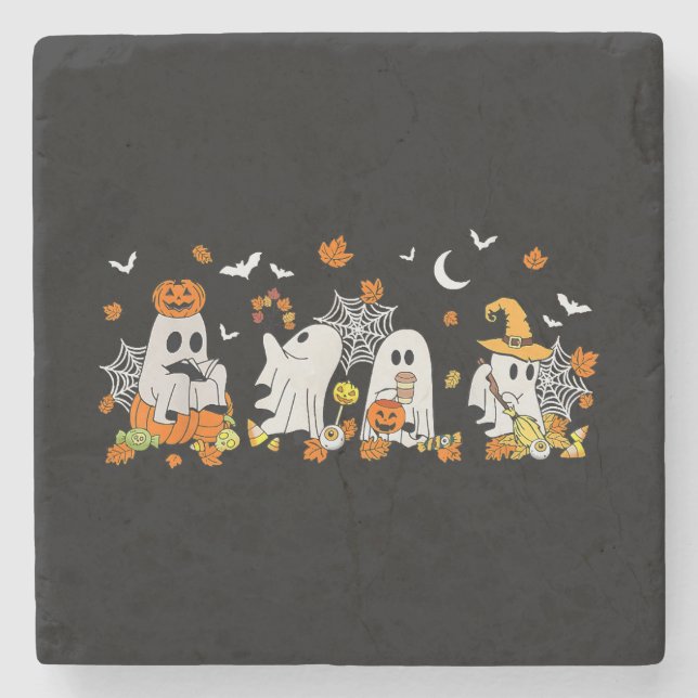 Cute Ghost Drinking Coffee Halloween Fall Ghost Bo Stone Coaster (Front)