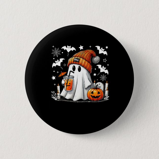 Cute Ghost Drinking Coffee Halloween Ghost Coffee  Button (Front)