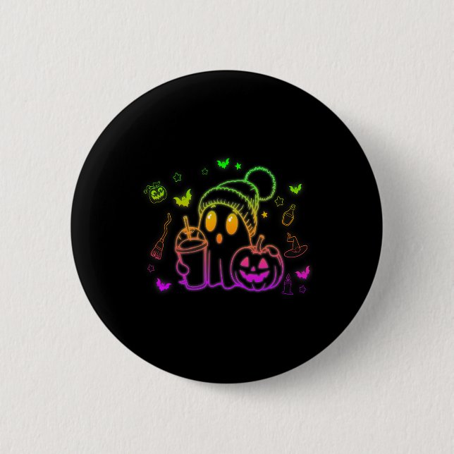 Cute Ghost Drinking Coffee Halloween Ghost Coffee  Button (Front)
