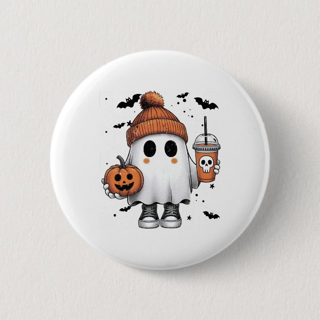 Cute Ghost Drinking Coffee Halloween Ghost Coffee  Button (Front)