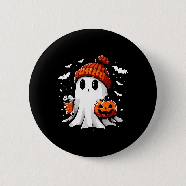 Cute Ghost Drinking Coffee Halloween Ghost Coffee  Button (Front)